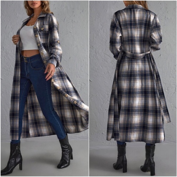 Tartan Plaid Button up Long Jacket Shacket Loose Fit - Picture 2 of 4